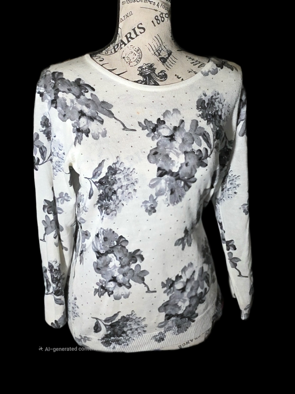 Classic Floral Crew Neck Sweater - Gray and White